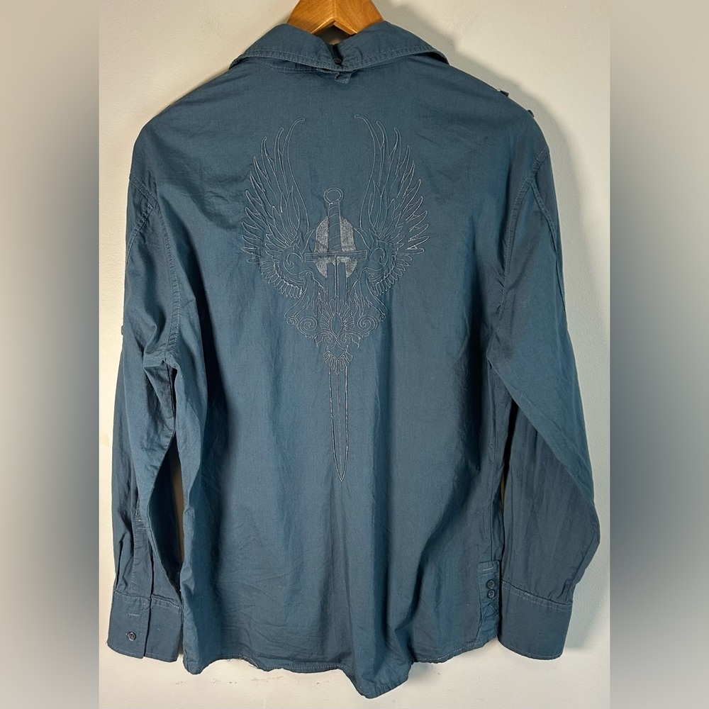 Franky Max Mens Button Up Shirt - Size M Dual Pockets Embroidered Back RARE